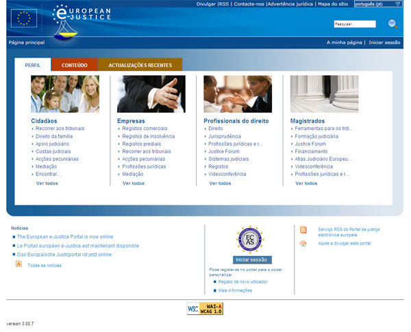 Portal da justiça electrónica europeia. Captura do site.