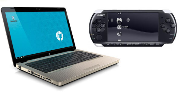 portátil HP e consola PSP