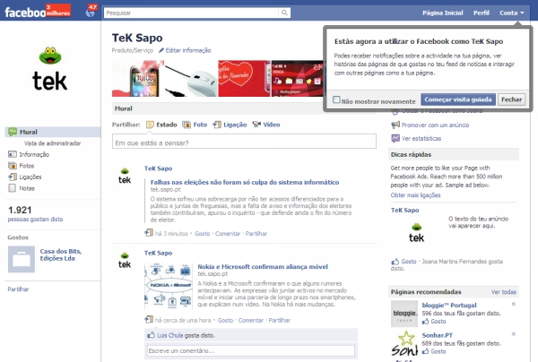 captura de imagem da nova configuração usando a página do TeK no Facebook