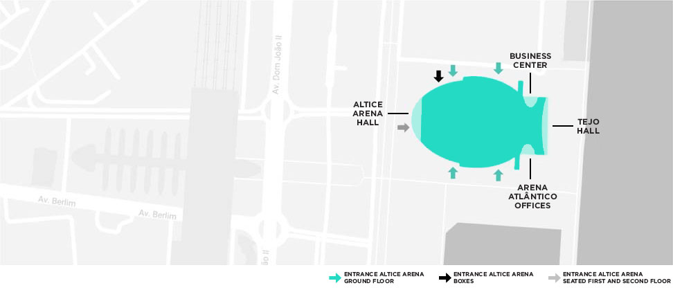 Plan of the Atlântico Pavilion, indicating the location of the Altice Arena Hall, the Business Center, the Tejo Hall and the Arena Atlântico Offices.